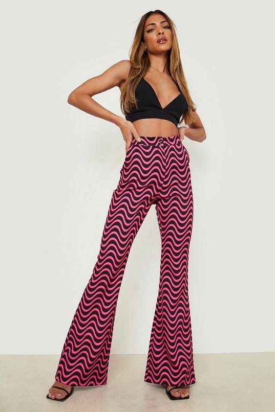 Retro Print Fit & Flare Pants | boohoo USA Retro Print Fit & Flare Pants | boohoo USA